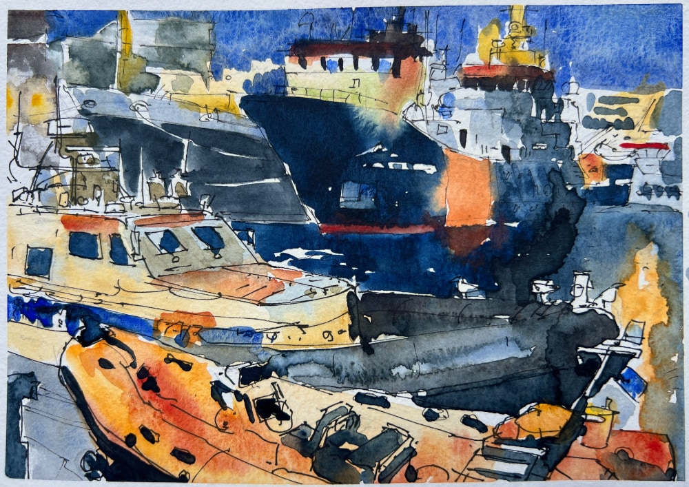 ErikVanSchaaik-Watercolors-002 Line art and watercolor painting. Nighttime in the harbour of Scheveningen, Netherlands.