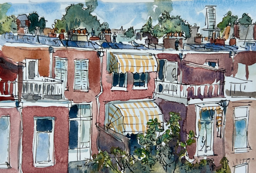 Urban sketching with pen and watercolors. A view from my balcony.