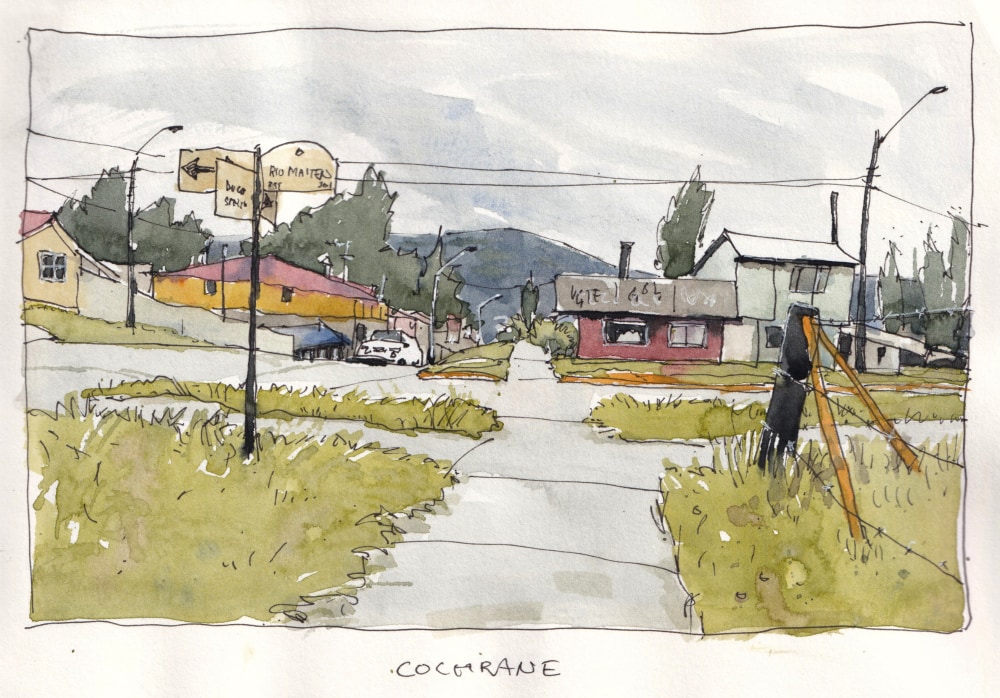 ErikVanSchaaik-Watercolors-008 Urban sketch with pen and watercolors. A rainy day in Cochrane, Patagonia, Chile.