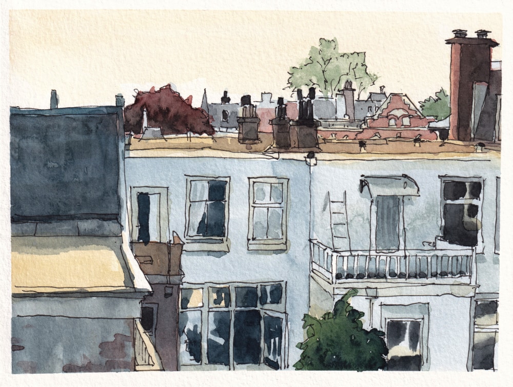 ErikVanSchaaik-Watercolors-009 Urban sketch with pen and watercolors. A view from my balcony.