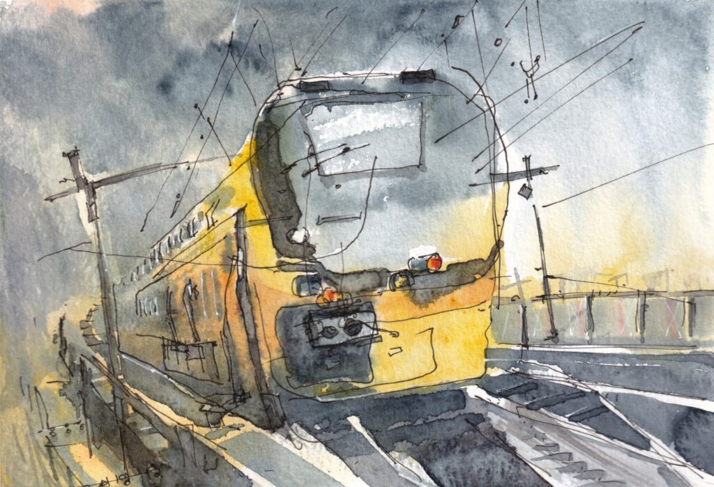 Line art with watercolor: A yellow train races toward the viewer across a steel bridge, cutting through the darkness of a rainy night.