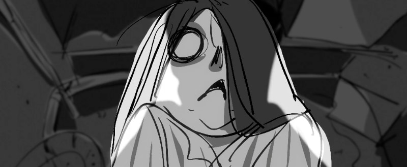 Lazy Dog. Storyboard drawing of a frightened girl with a shadow falling over her face.